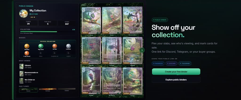 Public binder — a live collection page with cards, views, and sale marks