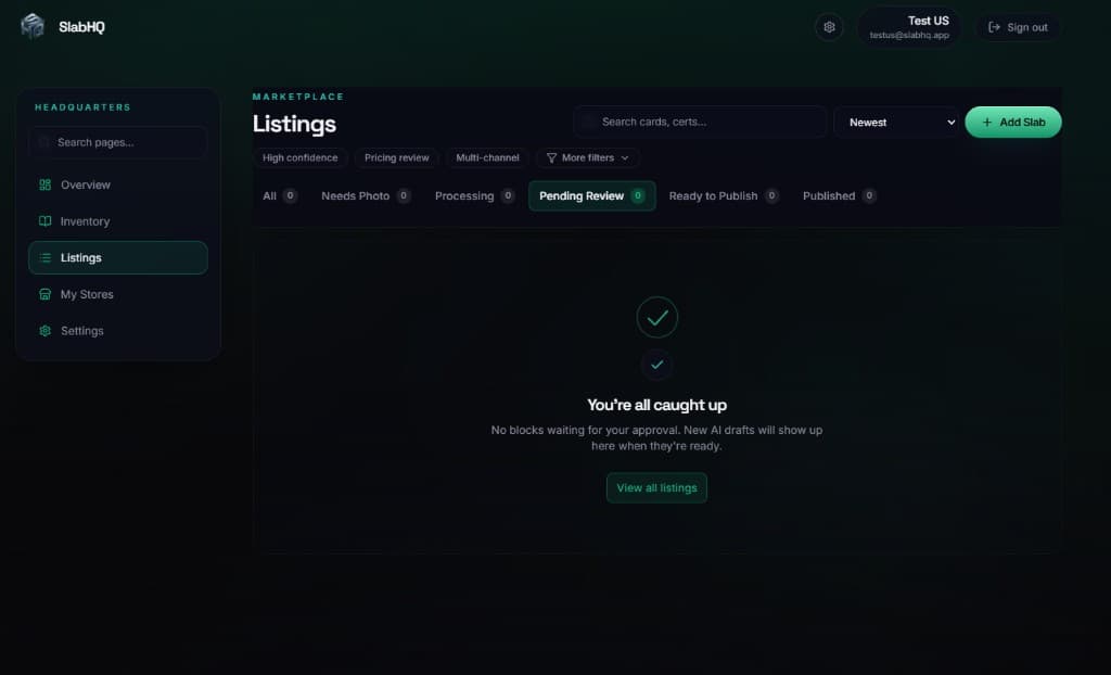 SlabHQ Headquarters listings queue — AI drafts waiting for review