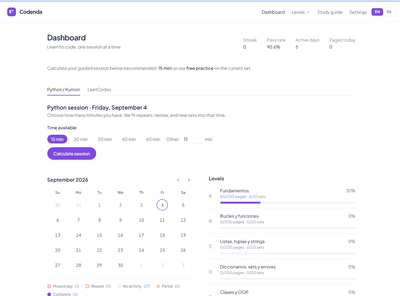 Codenda dashboard — streak, session calculator, and curriculum levels
