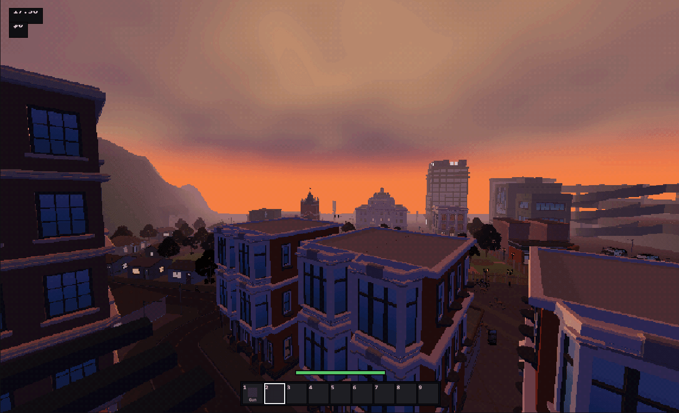 Sunset from a rooftop over the low-poly city